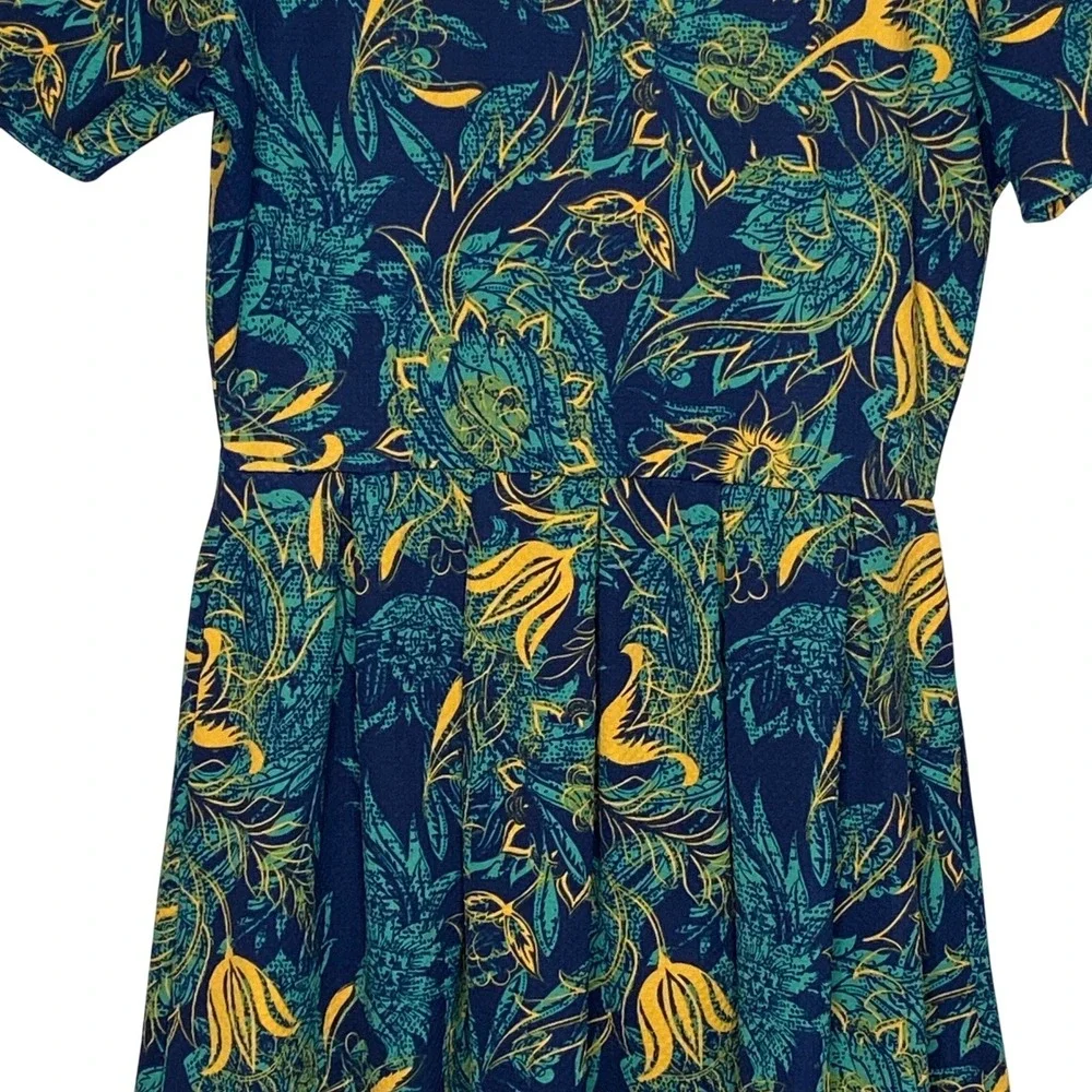 LuLaRoe Amelia Dress Womens Size M Blue Botanical Floral Pleated Stretch Pockets